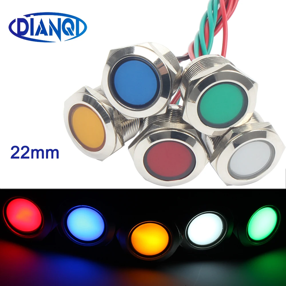 22mm LED 3-6V 12-24V 110-220V Waterproof Metal Flat Round Indicat Signal lamp light with wire red yellow blue green