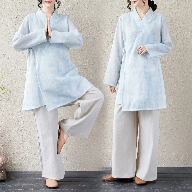 Retro Style Long Sleeve Middle Robe Tai Chi Practice Clothes Loose Fit Elegant Slant Lapel Spring New Design Women's Shirt