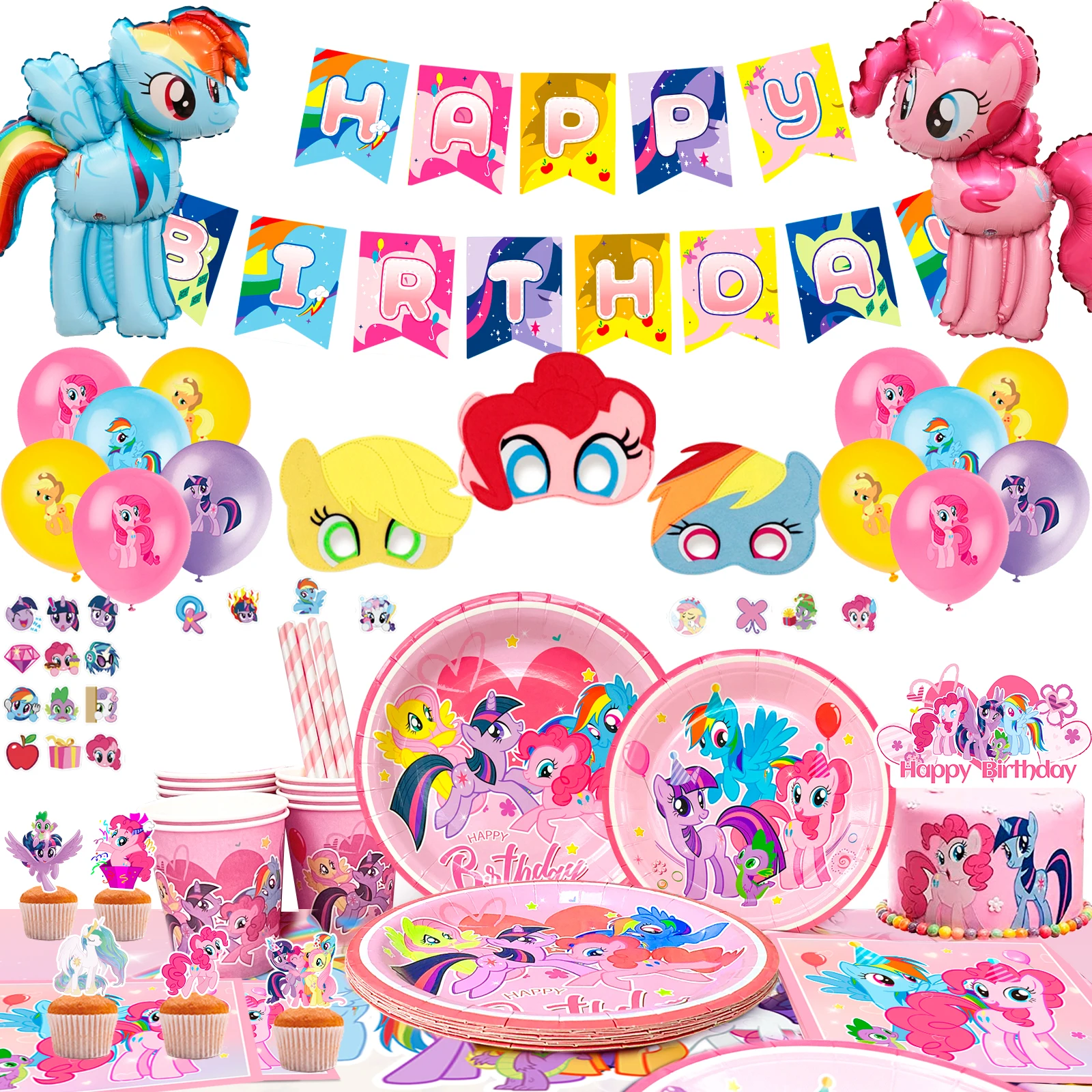 164 Piezas de Artículos para Fiesta de My Little Pony: Globos, Pegatinas, Pancarta, Platos, etc. Decoraciones para Fiesta de Cumpleaños de My Little Pony