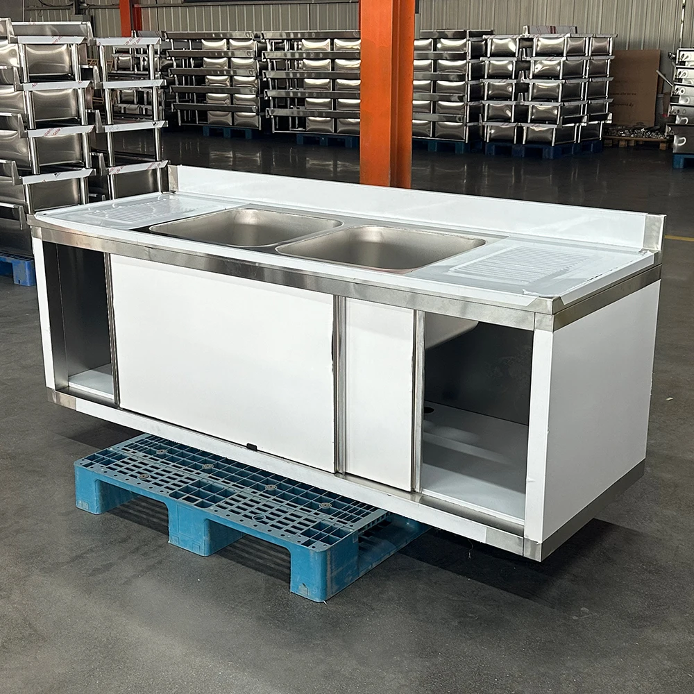 Wholesale Heavy Duty Stainless Steel Double Basin Platform Sink Cabinet for Commercial Kitchen Restaurant Hospital