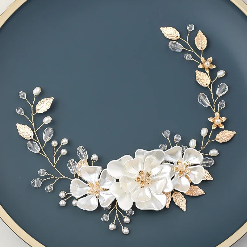 Kryształowa kwiat perłowy opaska z listkami Tiara dla kobiet panna młoda impreza królowa ślub ślubne akcesoria do włosów biżuteria opaska Tiara