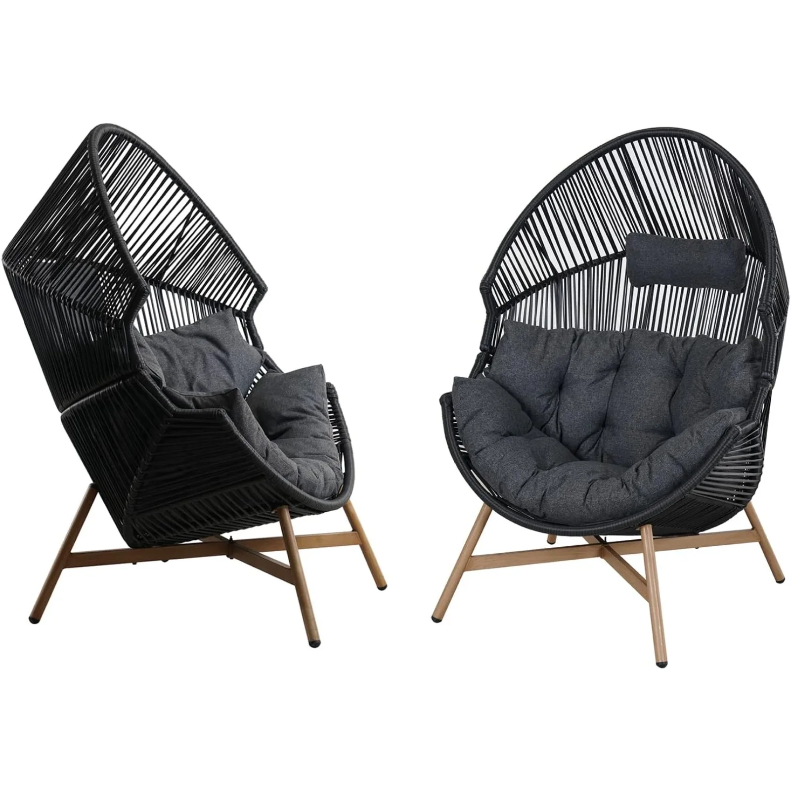 

US Outdoor & Indoor Egg Chair 2PC, PE Wicker Open Weave Wood Grain Finish Oversized Egg Cocoon Chairs