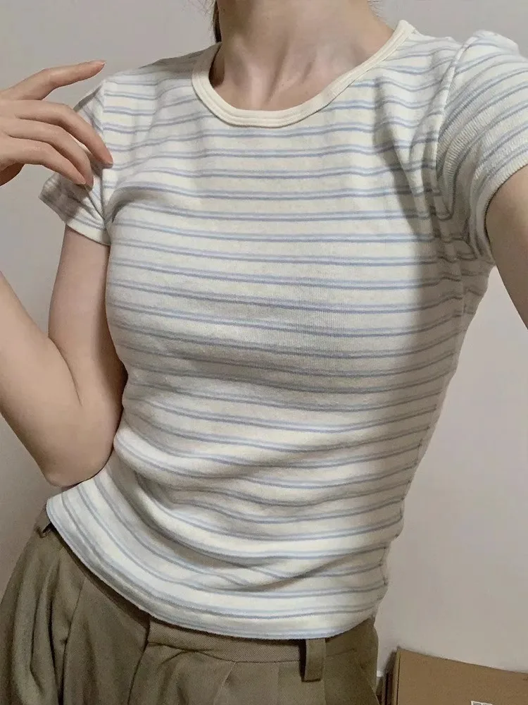 American Style Short Sleeve T-Shirt Women Summer Korean Version Slim Fit Base Shirt Short Model Shoulder Top Striped Color Block