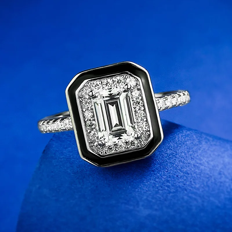 Luxury 100% 925 Sterling Silver 1CT 5*7MM Emerald Cut High Carbon Diamond Black Border Gemstone Ring for Women Man Party Jewelry