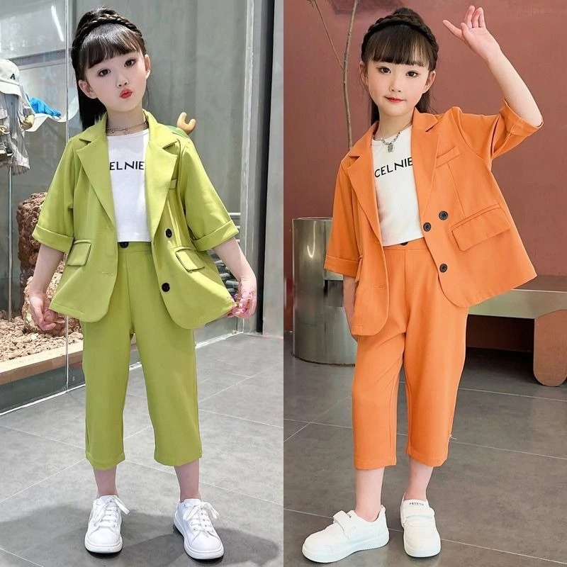 Girls Summer Blazer Set 3 Piece Korean Style Kids Formal Outfit Big Kids Size Trendy Elegant Versatile for Party School​