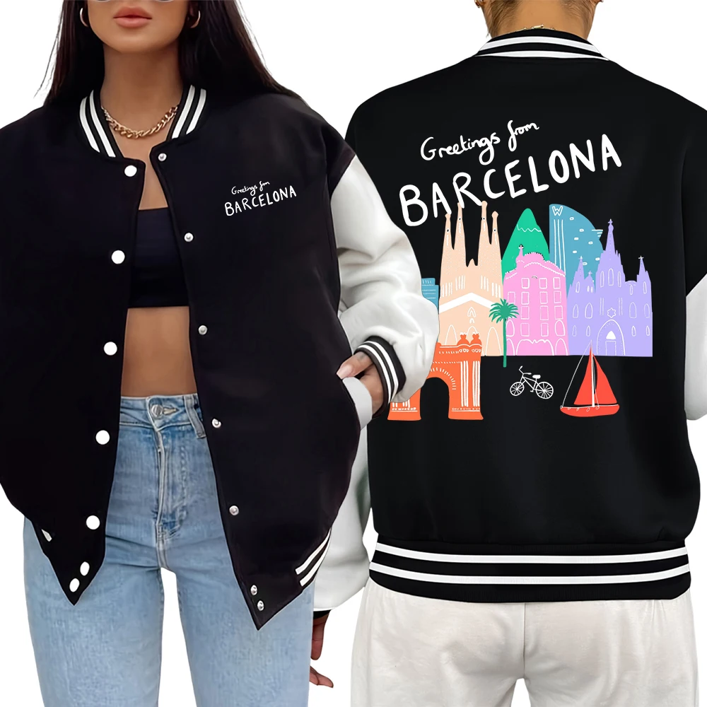

Greeting From Barcelona Building Scenery Print Baseball Jersey Women Loose Hip Hop Veste Autumn Soft Top Casual American Jacket