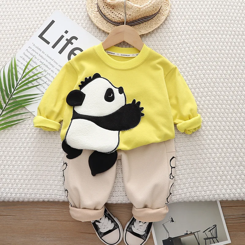 2025 New Spring Autumn Boys Clothing Set Cartoon Panda Full Sleeve Shirt + Pants 2Pcs Outfit For Kids Children Birthday Present