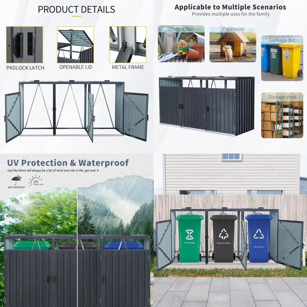 

Надежный металлический навес для мусора на открытом воздухе на 3-х банок, черный, идеально подходит для хранения в саду и патио