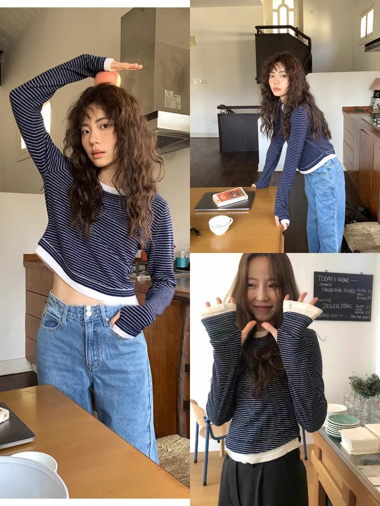 

Женская футболка Slim Fit ort Sve в стиле ретро, цветной круглый топ в полоску, дышащий удобный топ Dongda Gate