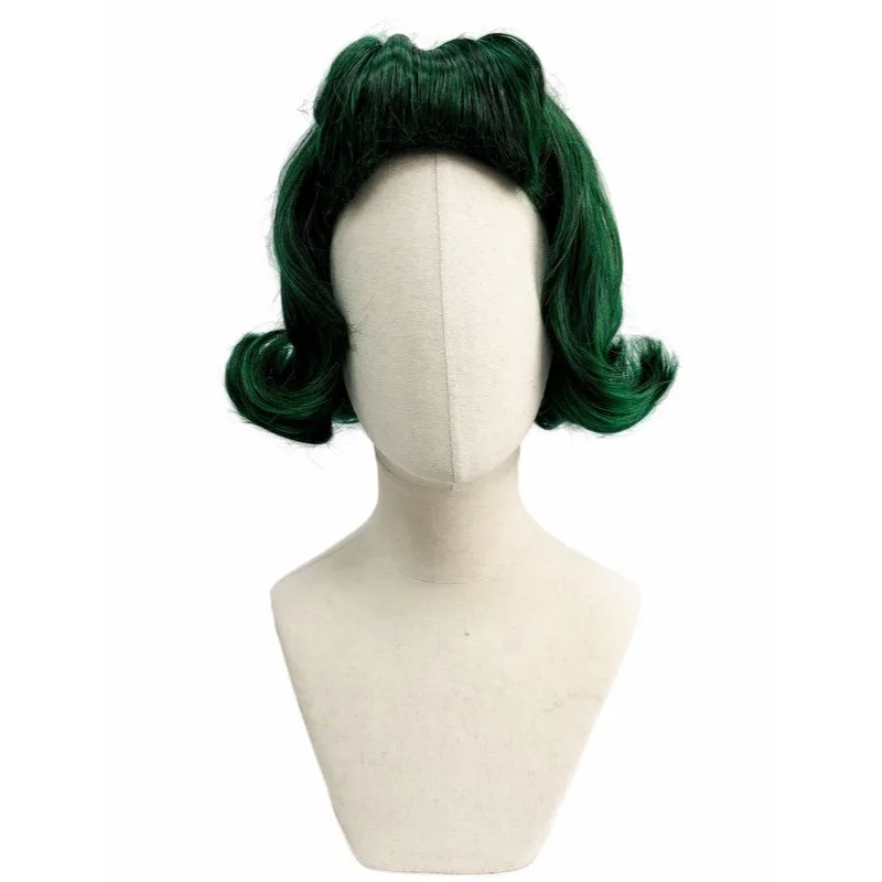 Dark Green Premium Synthetic Fiber Short Curly Wig with Bangs Cat Ears Top Bun Updo Fluffy Voluminous Retro Vintage Waves Inner Outer Curls Heat Resistant Adjustable Cap for  Cosplay Party Halloween Costume Role Play Stage Show Photo Shoot