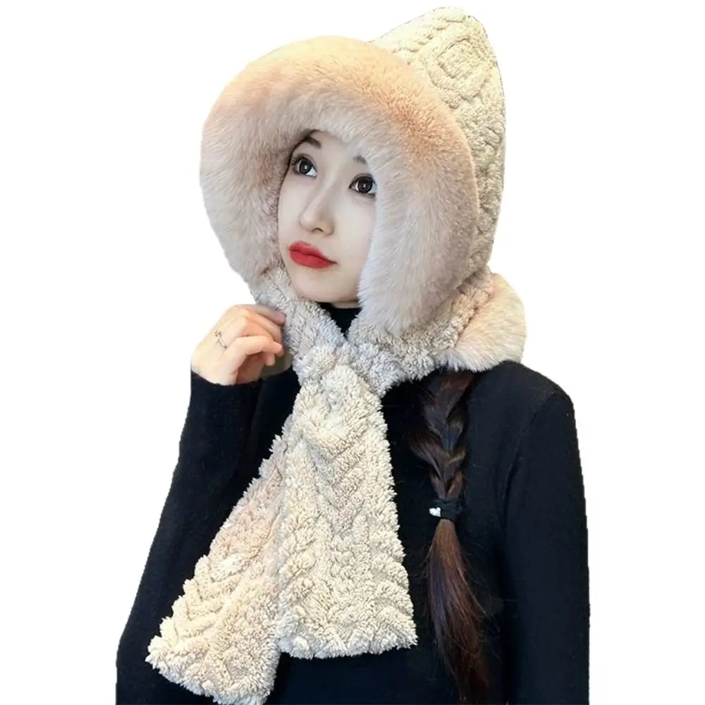 Gorro integrado de invierno de felpa a la moda, bufanda a prueba de viento, gorro cálido, bufanda, calentador de cuello grueso suave para mujer
