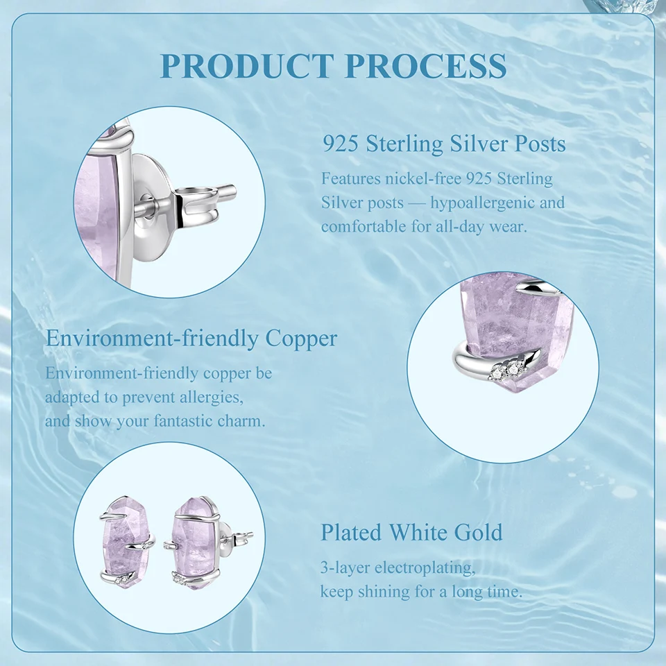 WOSTU Ohrstecker mit lila Amethyst-Rohkristall für Damen, platiniert, S925-Silber, geometrischer Naturstein-Schmuck, Geschenk – Detail 7