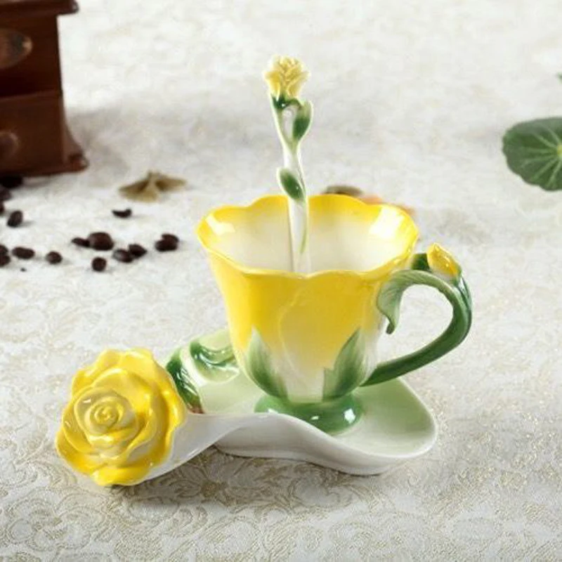 

1pc High Beauty Ceramic Relief Rose Shaped Tableware Home Restaurant Afternoon Tea Supplies Flower Coffee Cup Plate with Spoon