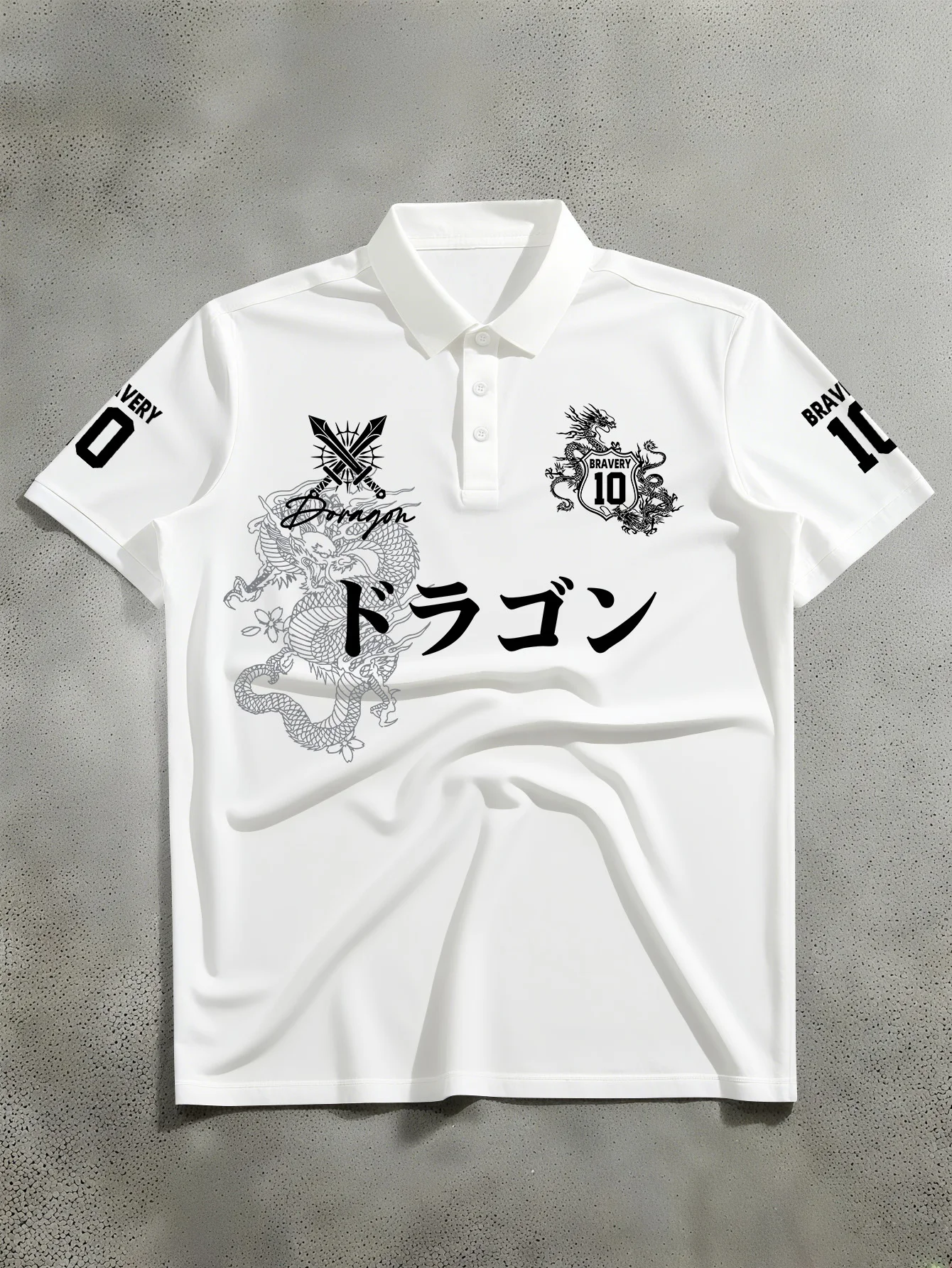 Neues Herren-Poloshirt mit kurzen Ärmeln, japanischer Stil, mit digital bedrucktem Drachenmuster auf den Ärmeln. – Detail 4