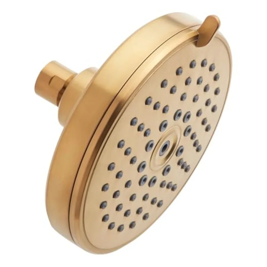 Shower head for bathroom use, brass construction, brushed gold finish, 2.5 GPM flow rate with multifunction spray settings