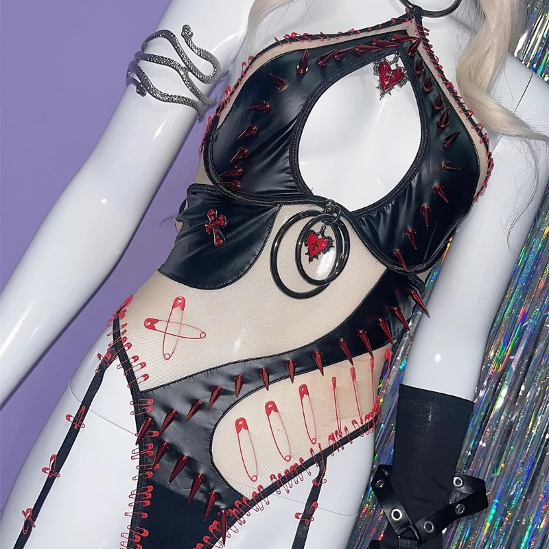 European American Design Punk Sexy Hollow Out Women's Jumpsuit Gothic Dark Hairy Edge Embroidered Skirt Two-Piece Set Ladies