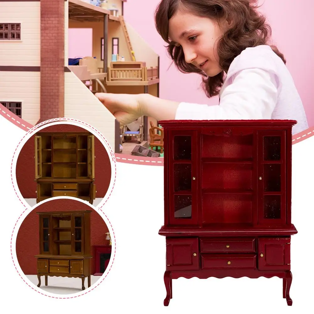 Mini aparador de almacenamiento 1:12, mueble en miniatura de nogal Retro, modelo de comedor, gabinete de almacenamiento