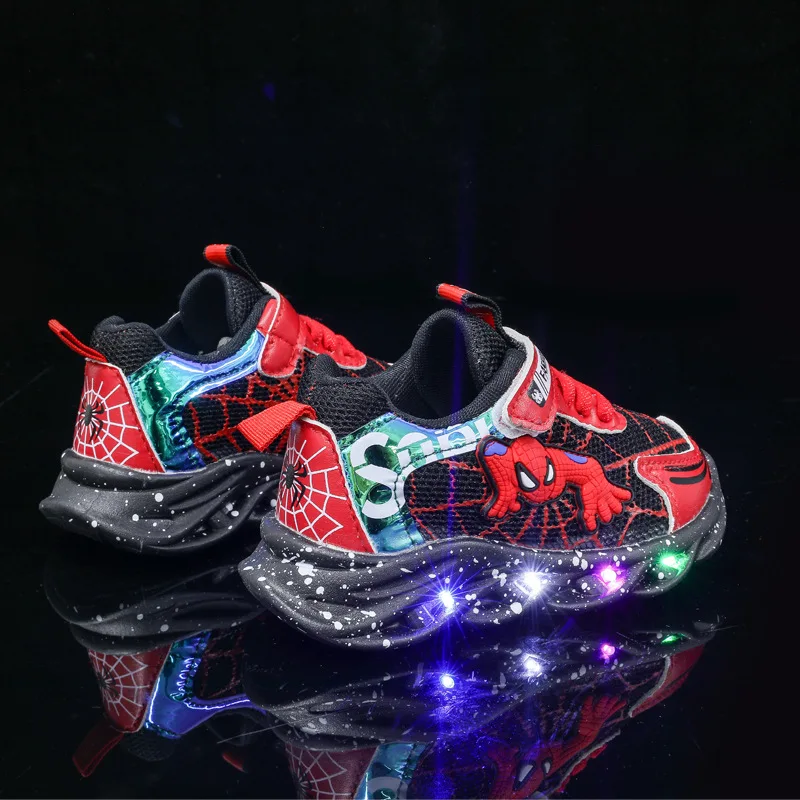 Disney LED Casual Sneakers Red Black For Autumn Boys Spiderman Mesh Outdoor Shoes Children Lighted Non-slip Shoes Size 21-36