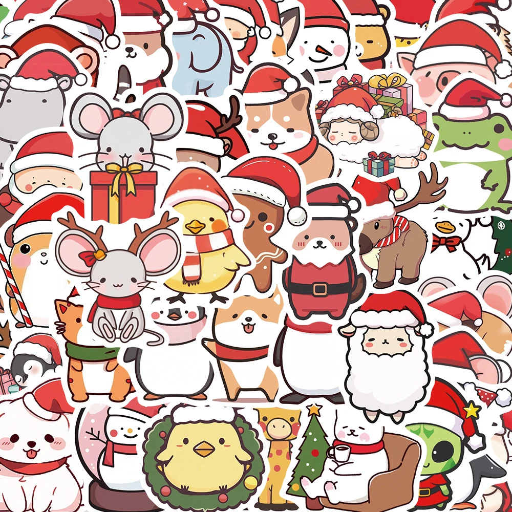 Engraçado bonito Natal Animal Cartoon adesivos, decalques, laptop, mala, notebook, telefone, carro, papelaria, brinquedos para crianças, 10 pcs, 30 pcs, 50pcs