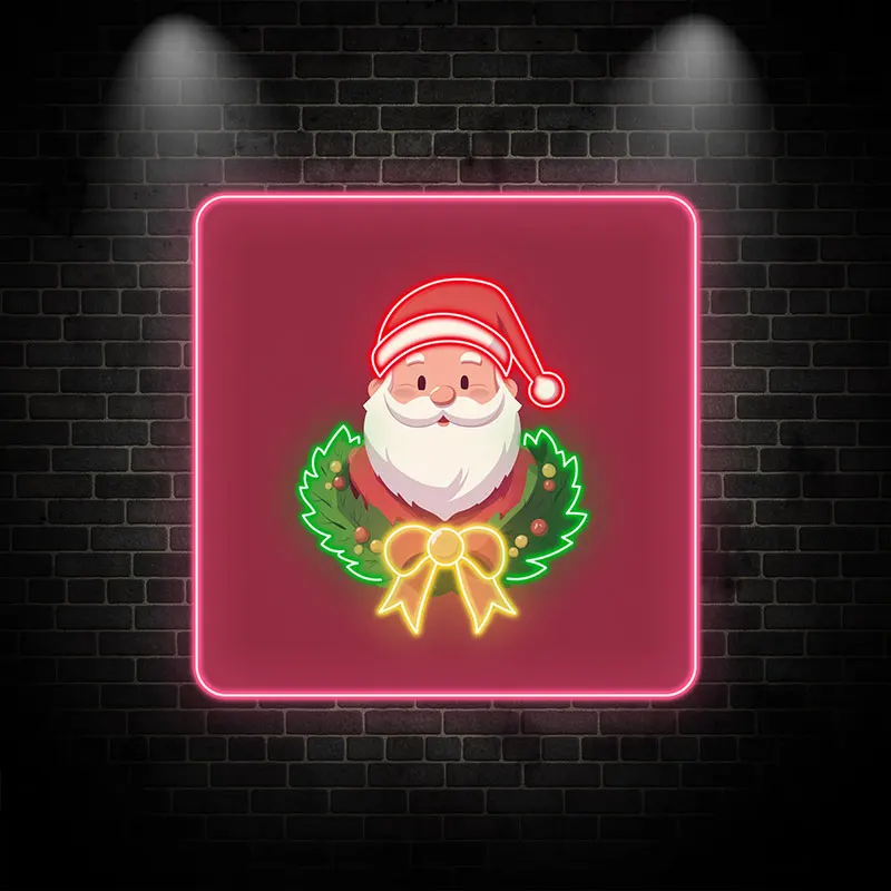 Santa Claus Neon Wreath Poster – Glowing Santa with Neon Wreath Design, Perfect for Festive Home or Office Christmas Decorations