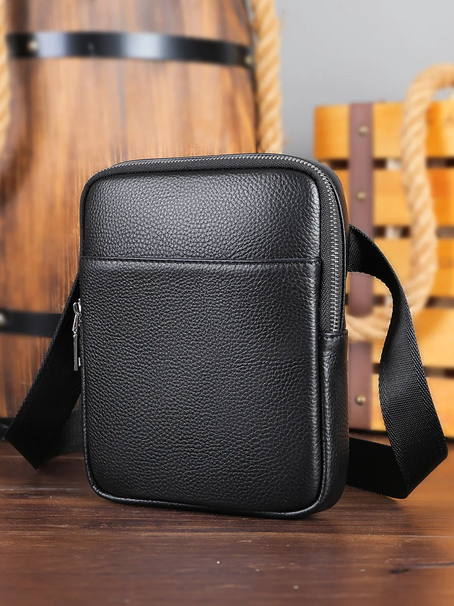 

Casual Men's Small Shoulder Bags For Cell Phone Outdoor Male Sling Bag Top Layer Genuine Leather Crossbody Bags Black