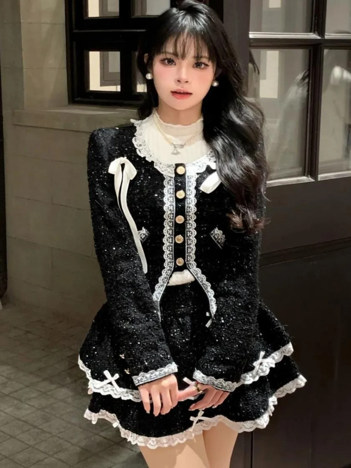 Skirt Outfits Chic Korean 2 Piece Set Women Long Sleeve Tunic Coat A-line High Waist Skirts Suit Lace Bow Sweet Y2K 2000s Sets