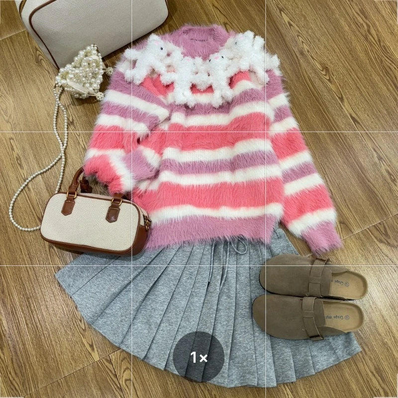 2024 Autumn New Arrival Korean Knitwear Mohair Soft Comfort Color Matching Striped Design Rabbit Brooch Sweater Women's Clothing