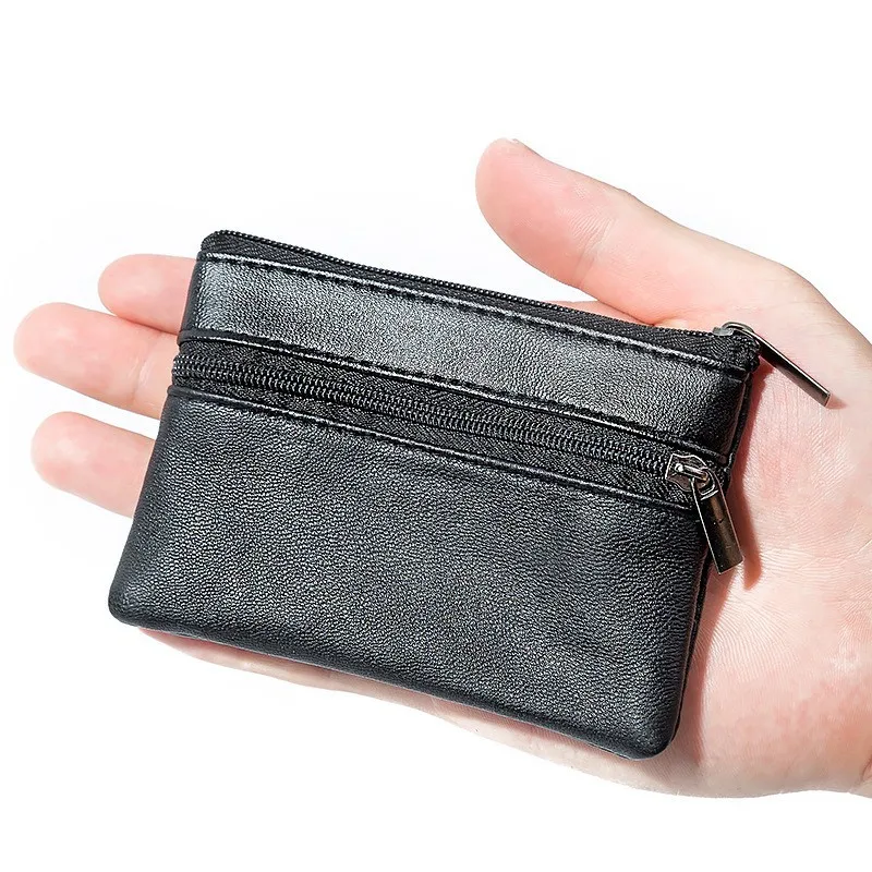 Men Women's Black Business Coin Purse Small Bag Wallet Change Purses Zipper Money Bags Mini Wallets Leather Key Holder Cases