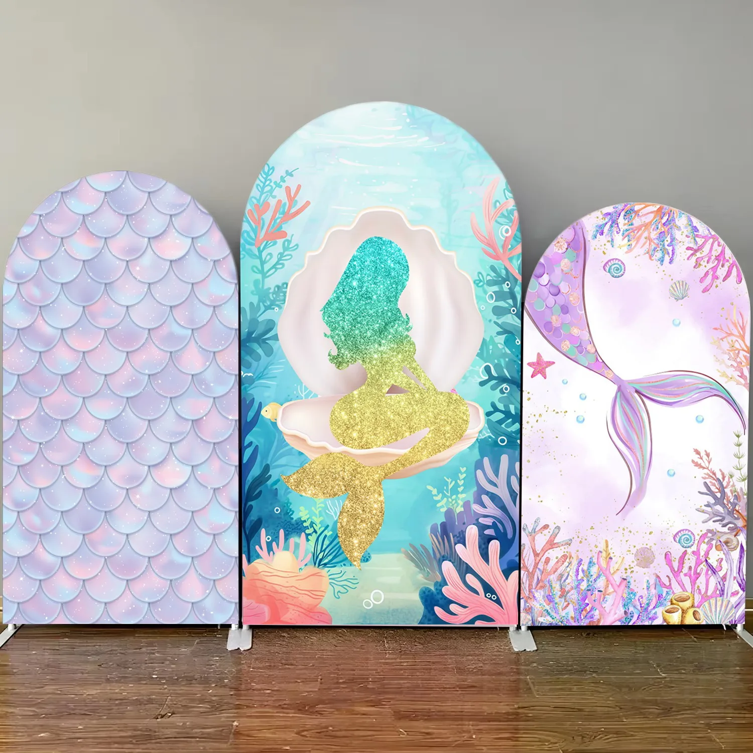 

Тема Русалки, арка для дня рождения, чехол, рыбий хвост, чешуя, ракушка, декор для дня рождения для девочек, арочный фотофон на заказ