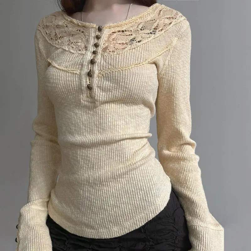 Women's Apricot Knit T-shirt Y2K Gyaru Fashion Elegant Lace Patchwork Long Sleeve T-shirt Long Sleeve Tee Top for Women Autumn