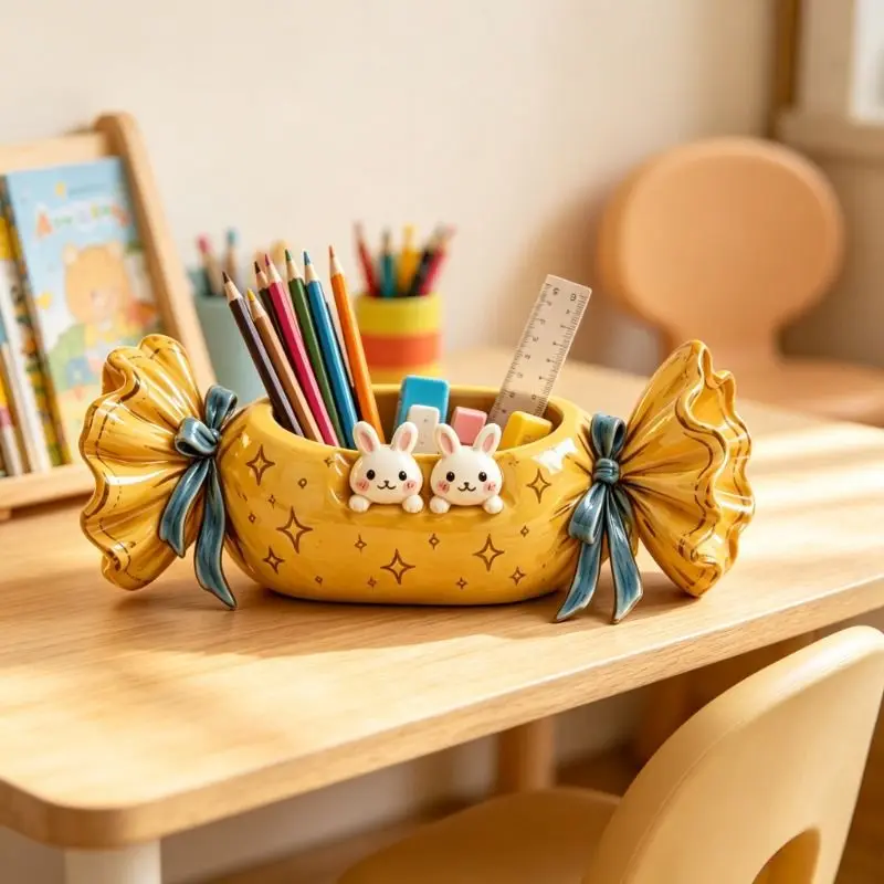 Adorable Rabbit Candy Shape Desktop Storage Tube Pen Holder Stationery Organizer Flower Vase Home Decor
