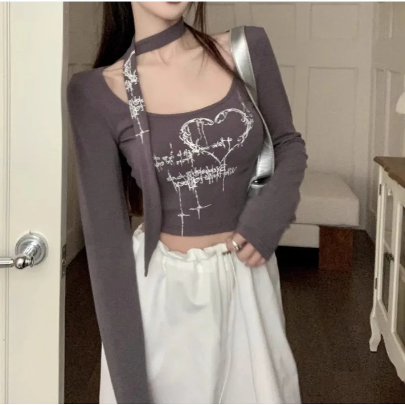 

American Sweet Spice Girl Neck T-Shirt Women's Spring Love Skinny Short Bottom Shirt Jazz Top