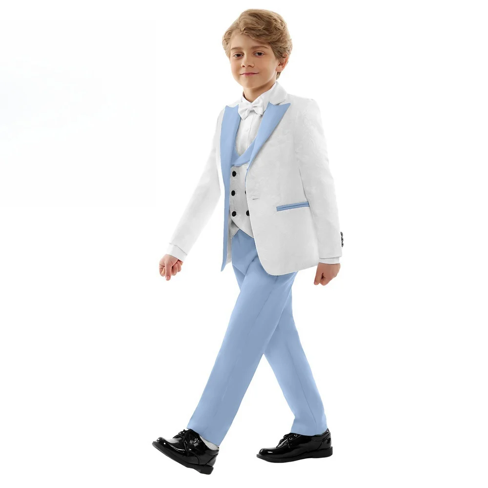 Hot Sale Classic 4PCS Suit For Boys Elegant Sky Blue Suit Set Smart Single Breasted Boy\'s Suit Blazer Vest And Pants For Party