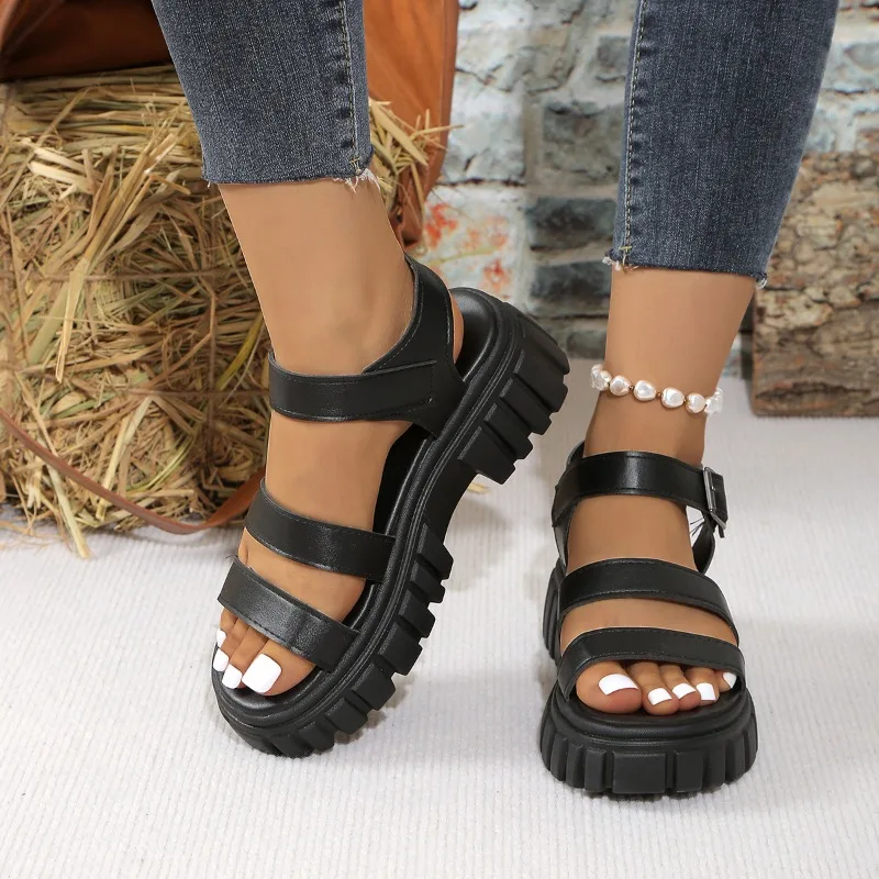 2024 High Quality Shoes Female Ankle Strap Women\'s Sandals Summer Open Toe Solid Outdoor Casual Platform Large Size Sandals