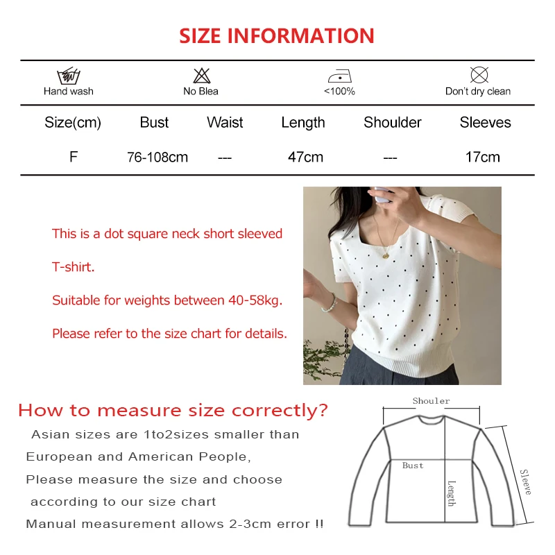 Women 2024 Sweet Dot Square Neck T-shirt Summer Loose Short Sleeved Knit Tops New Versatile Worn Outside Thin Rib Bottom Shirt