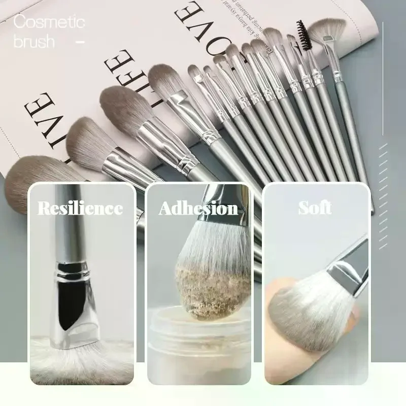 14-piece Personal Makeup Brush Set Silver-grey With Leather PU Case Soft Smooth