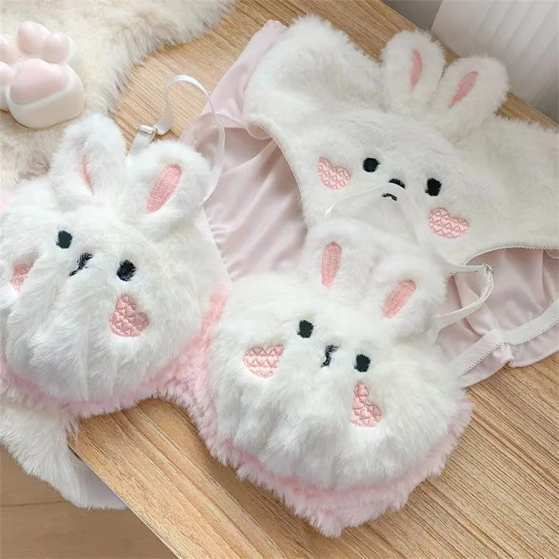 Sexy bra underwear lolita snow velvet fluffy bunny cute rabbit girl suit bra set plus size push up women lingerie with panties