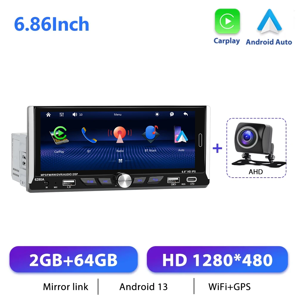 Podofo 6.9 "1din CarPlay Android Radio Universeel 1 DIN Auto Multimedia Speler Type-C Head Unit Intelligent Systeem FM Autoradio