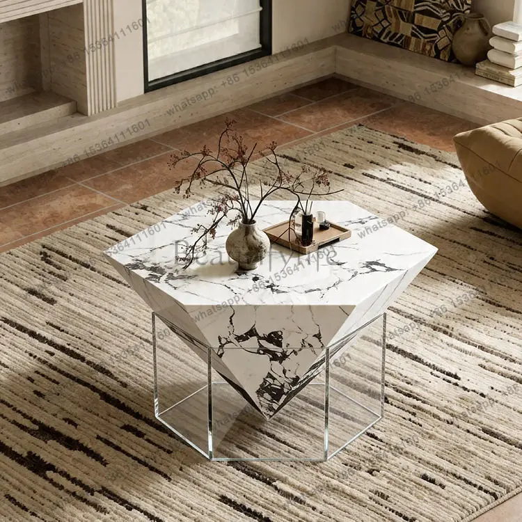 Italian minimalist light luxury acrylic hexagonal rock slab high-end suspended coffee table