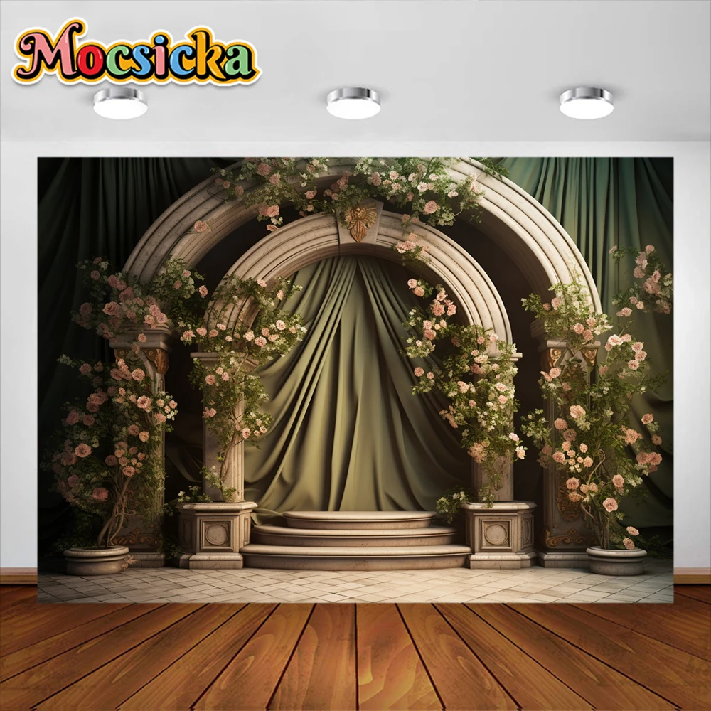 Mocsicka Neugeborenen Geburtstag Fotografie Hintergrund Blumen Bogen Tür Vorhang Party Dekoration Familien feier Fotostudio Banner