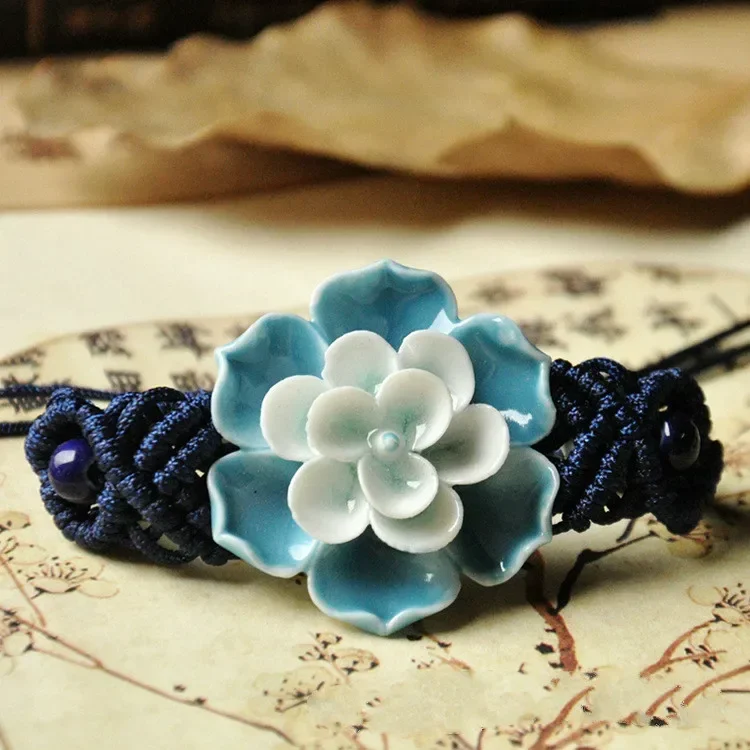 Fashion Charm Ceramics Muticolor Flower Ethnic Style Bracelet Original Design Bangle Hand Knitted Amulet Jewelry Gifts for Women