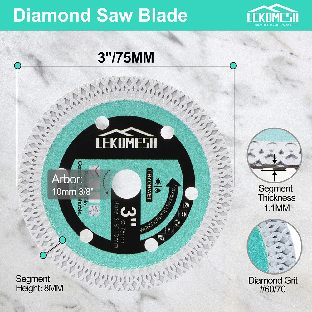 LEKOMESH 1PC 3inches 75mm Diamond Cutting Saw Blade Cutting Steel Pipe Metal Rebar Ceramic  Porcelain Tile Marble Stone Bore10mm