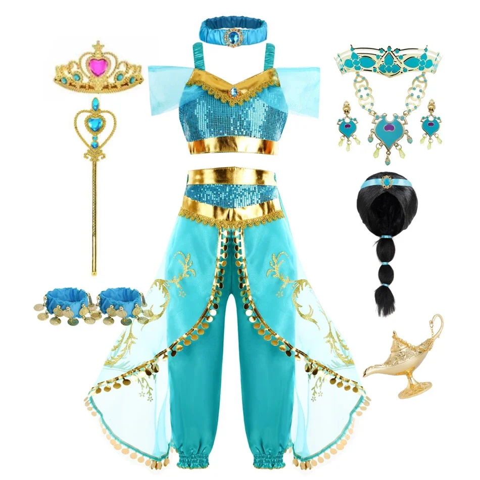 Jasmine Costume for Girls Princess Dress Up Of Aladdin The Magic Lamp Costume Girls Birthday Party Halloween Fantasy Top Pants