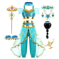 Jasmine Costume for Girls Princess Dress Up Of Aladdin The Magic Lamp Costume Girls Birthday Party Halloween Fantasy Top Pants