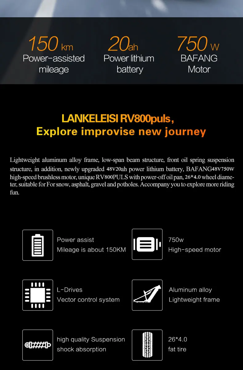 LANKELEISI RV800 Erwachsenen-Elektrofahrrad 750W Motor 48V20Ah Akku 52KM/H Höchstgeschwindigkeit 150km Reichweite 26 Zoll Reifen Leistungsstarkes E-Bike für Pendeln und Touren – Detail 1