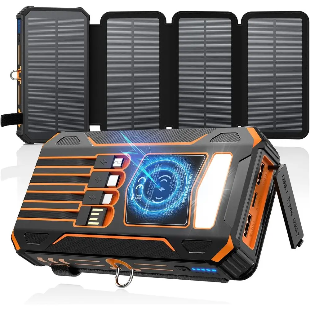 

48000mAh Portable Power Bank with Built-in Cables, 4 Charging Panels, PD QC 3.0 Fast Charging, USB-C, and Flashlight for Camping
