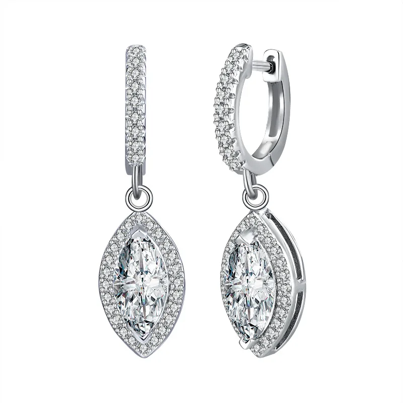 Luxury 925 Sterling Silver French Earrings for Women 1 Carat Marquise Cut Moissanite Fine Hoop Engagement Jewelry
