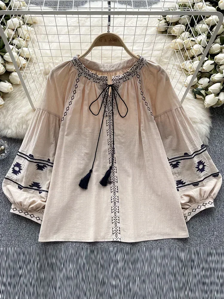 New Women\'s Spring  Autumn Retro Ethnic Style Top Embroidered Round Neck Long Sleeve Blouse Loose Shirt Top D4186