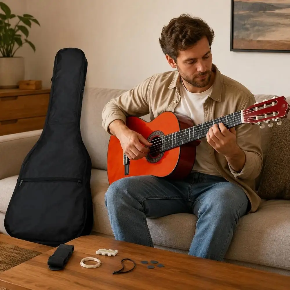Chitarra classica in legno massello di tiglio con tastiera in plastica rigida e meccaniche in metallo, 58,5 cm, per principianti e amatori, inclusa custodia, tracolla, 3 plettri, pletro per