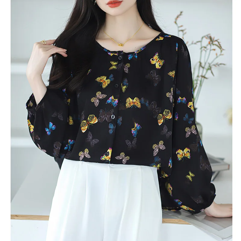 Women Clothing O-neck Long Sleeve Chiffon Shirt Autumn Casual Loose Butterfly Print Blouses Office Lady Elegant All-match Tops